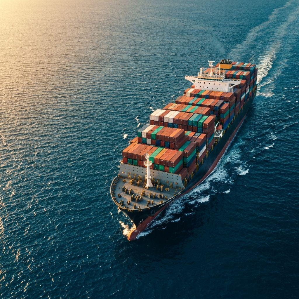 Container ship sailing through ocean representing global logistics