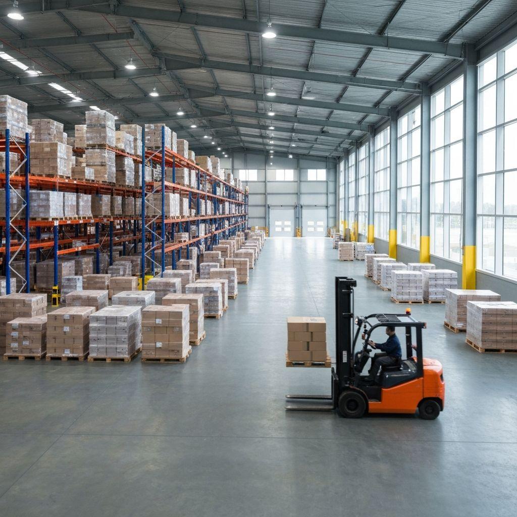 Distribution warehouse with high shelving and logistics operations